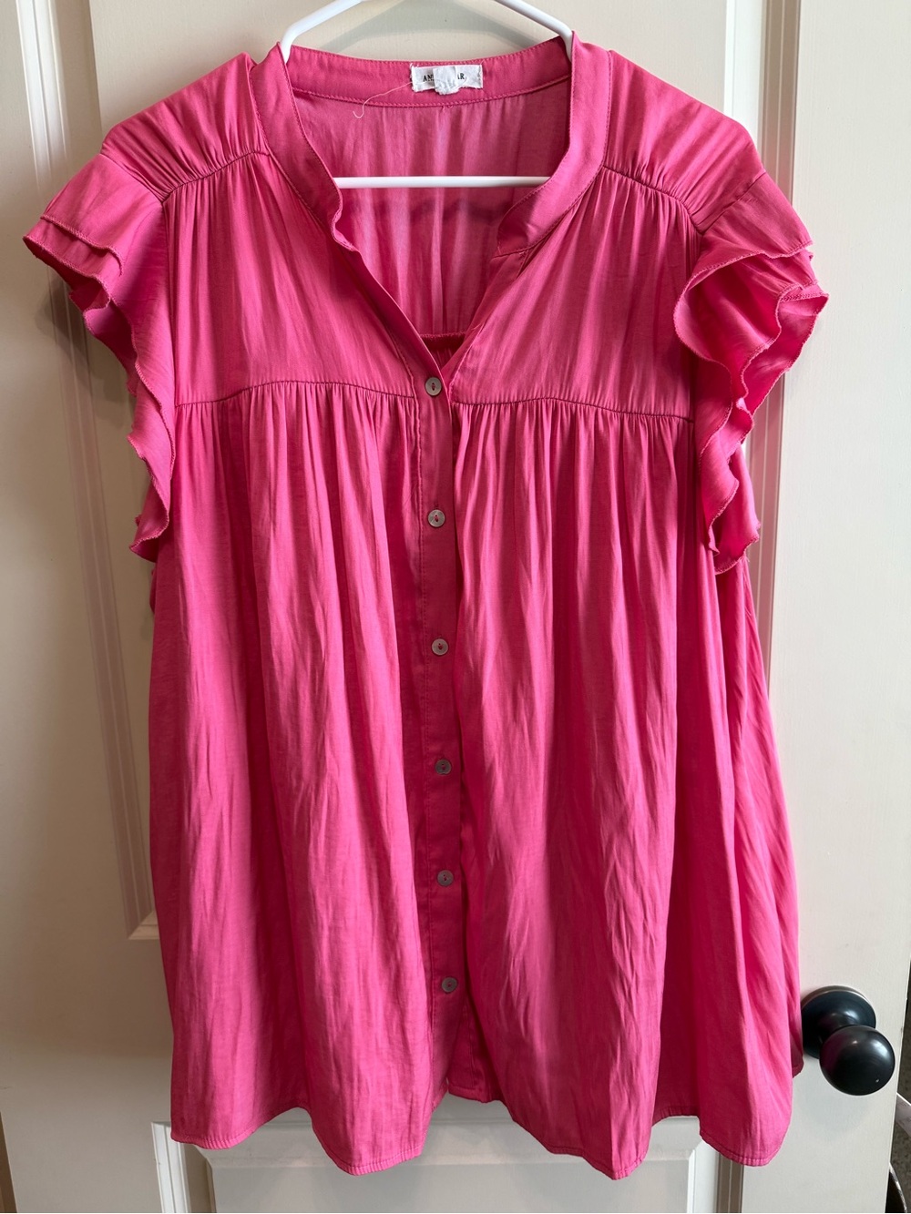 Ruffle Sleeve Button-Front Blouse in Hot Pink